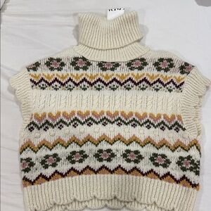 Zara Cream and Multicolor Patterned Turtleneck Sweater